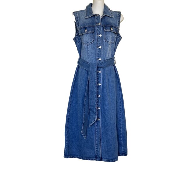Standard Grace Denim Maxi Dress Button Front Sleeveless with Belt - Picture 2 of 6